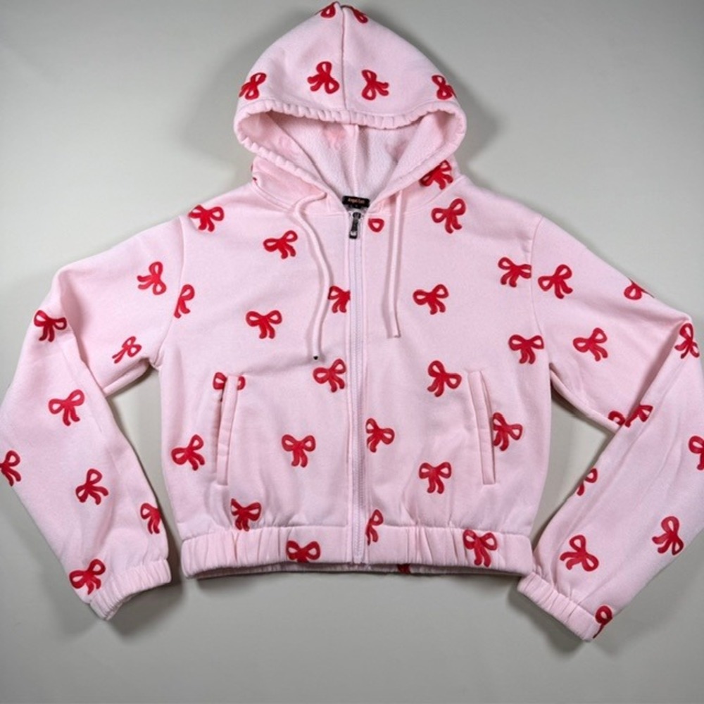 Angel Cult Pink Red Bow Print Zip Up Hoodie Cropped Sweatshirt Small Coquette